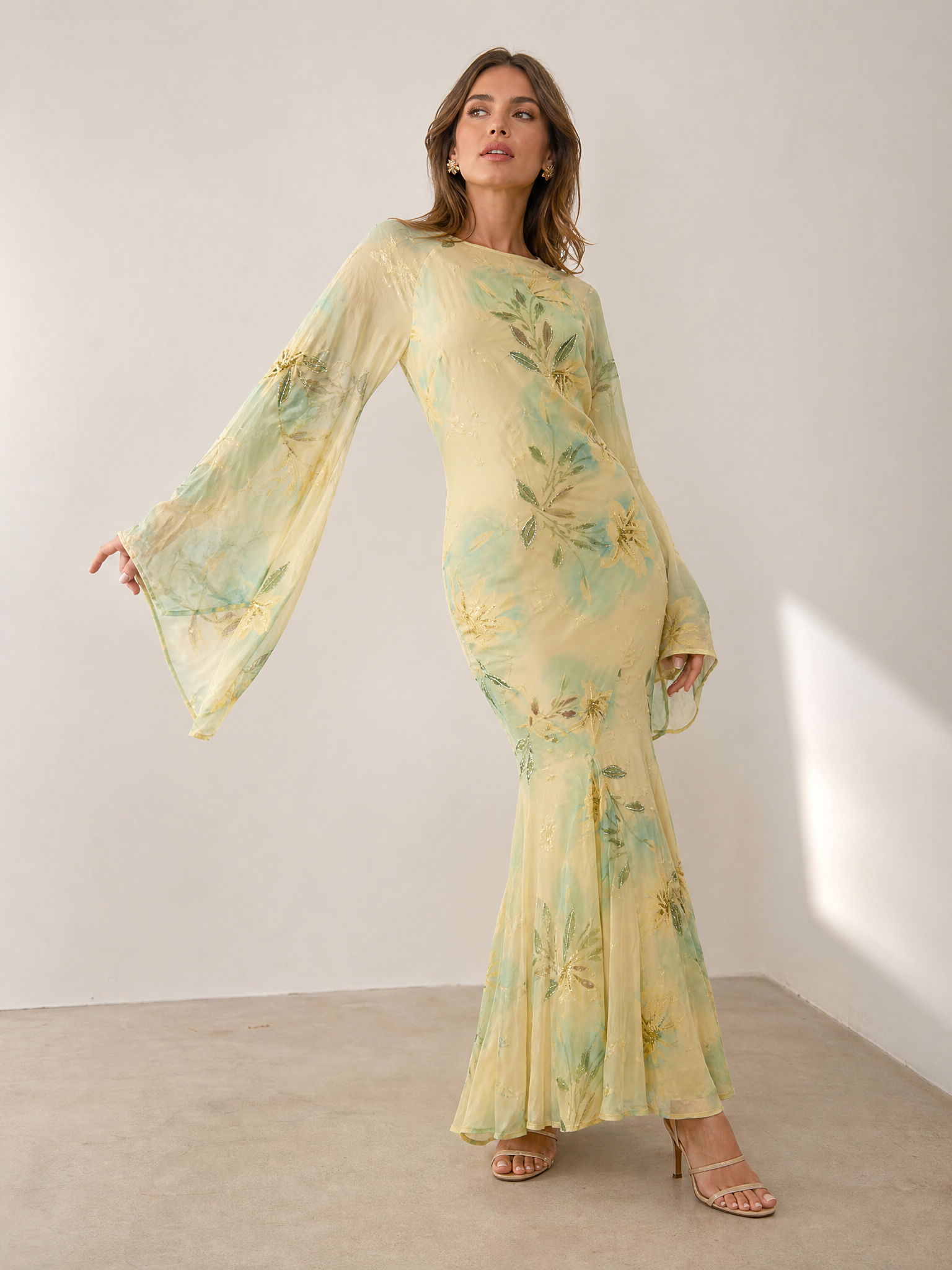 Yellow Watercolor Floral Flare-Sleeve Sheath Maxi Gown Dress