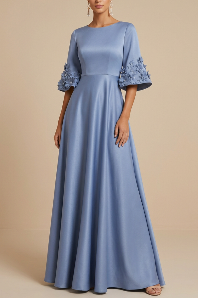 Round Neck Elbow Sleeve 3D Floral Applique Satin A-Line Gown