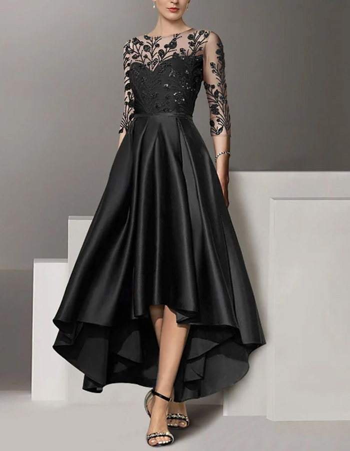 Round Neck Lace Solid Color Midi Dress