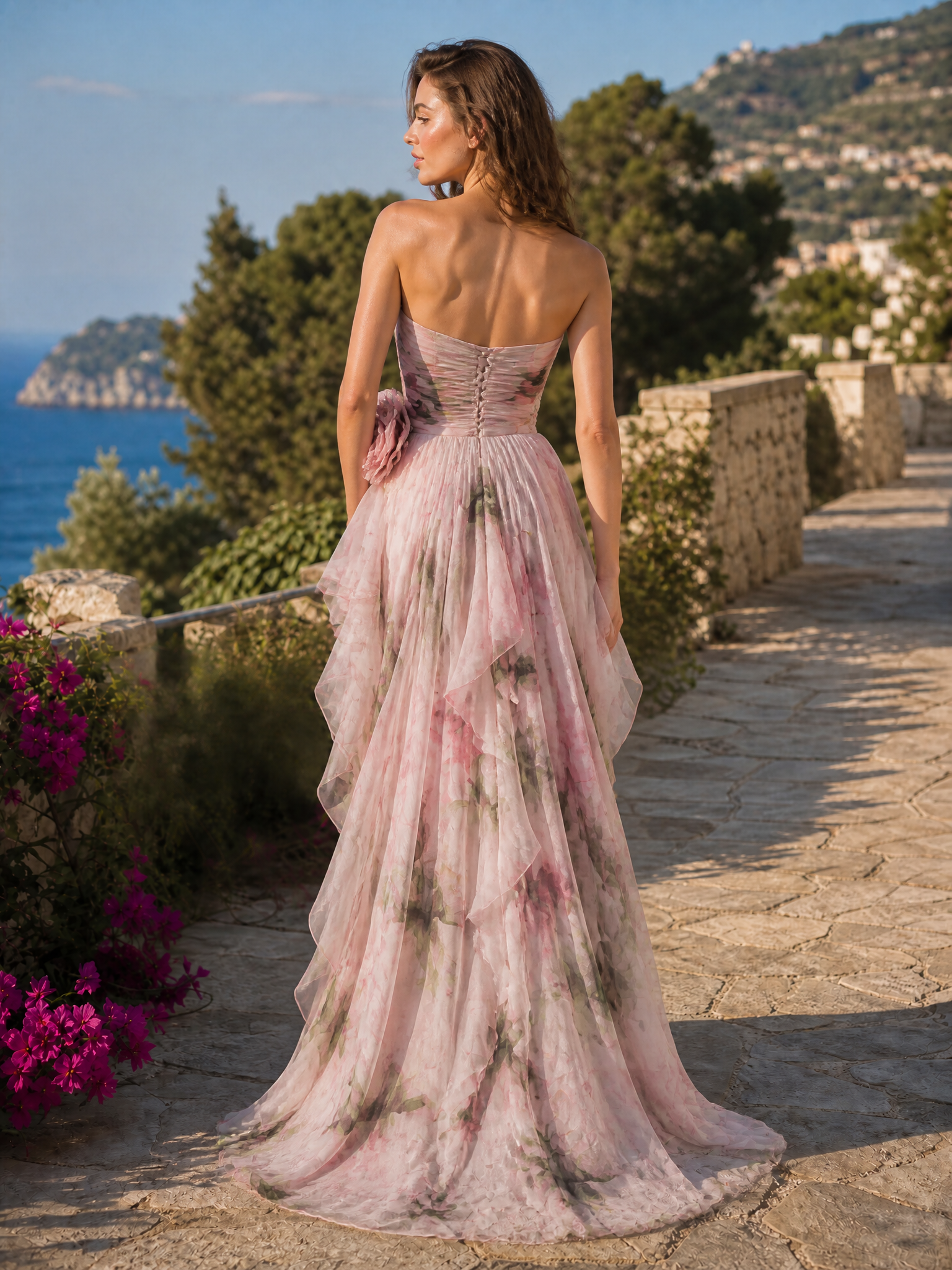 Pink Floral Strapless Sweetheart A-Line Floor-Length Gown Dress