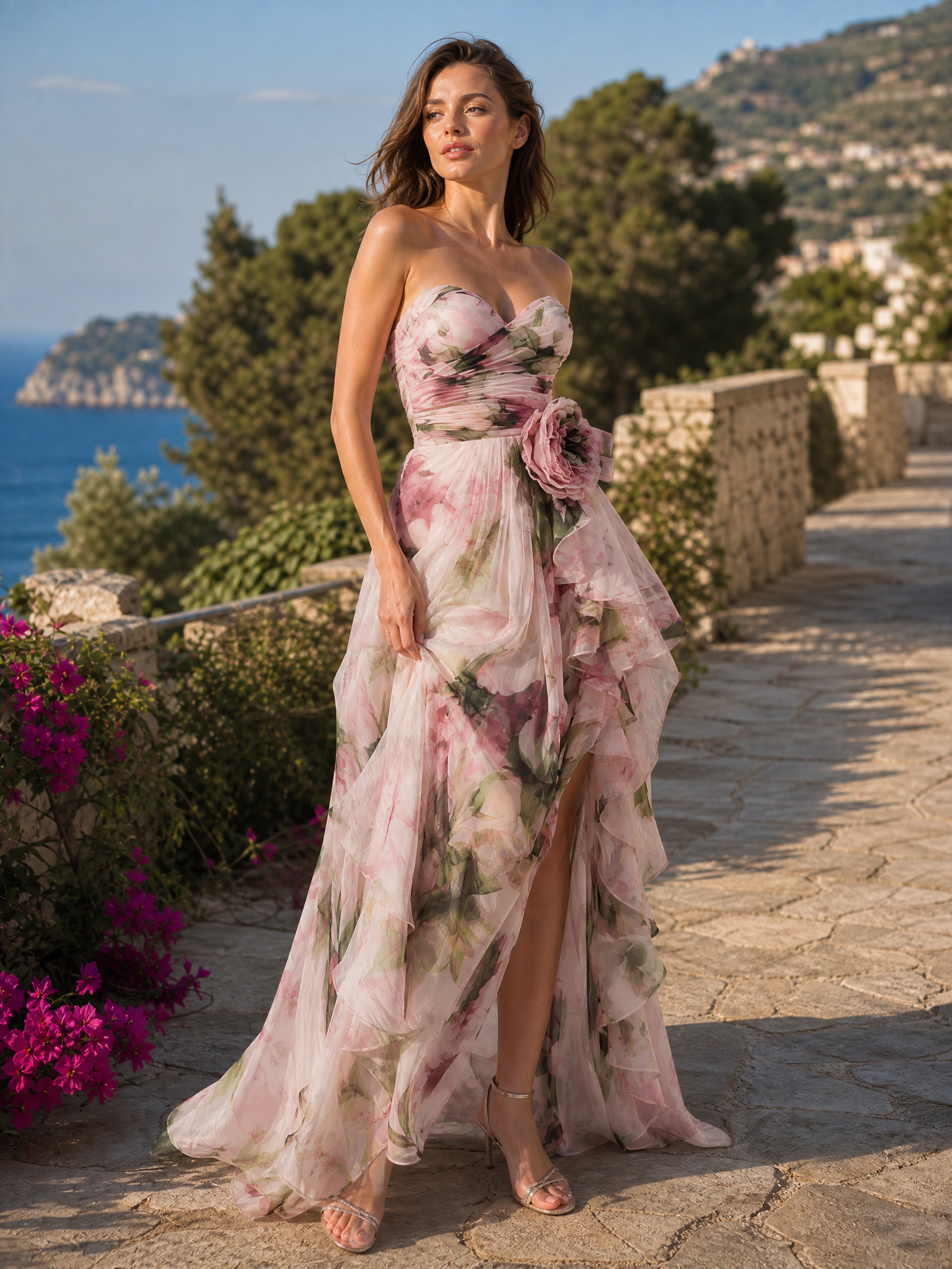 Pink Floral Strapless Sweetheart A-Line Floor-Length Gown Dress