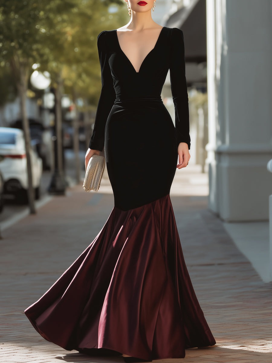 Colorblock Velvet And Satin Mermaid Gown