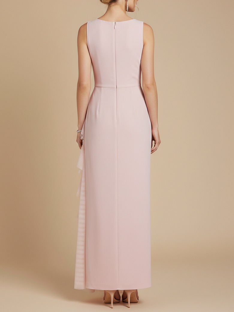 Blush Pink Sheath Maxi Ruched Sleeveless Knit and Mesh Bridesmaid Dress