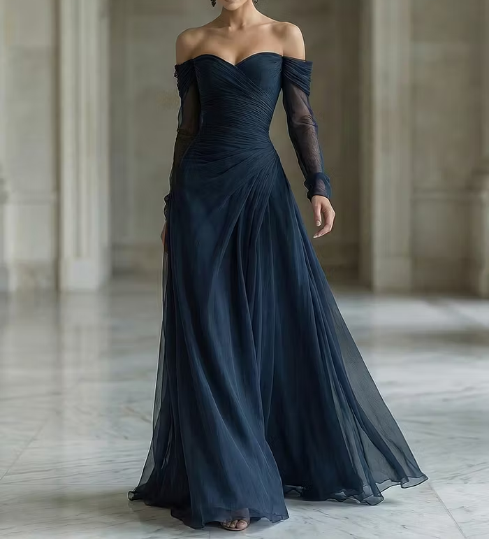 Navy Blue Chiffon Off-shoulder Long Sleeve Maxi Dress