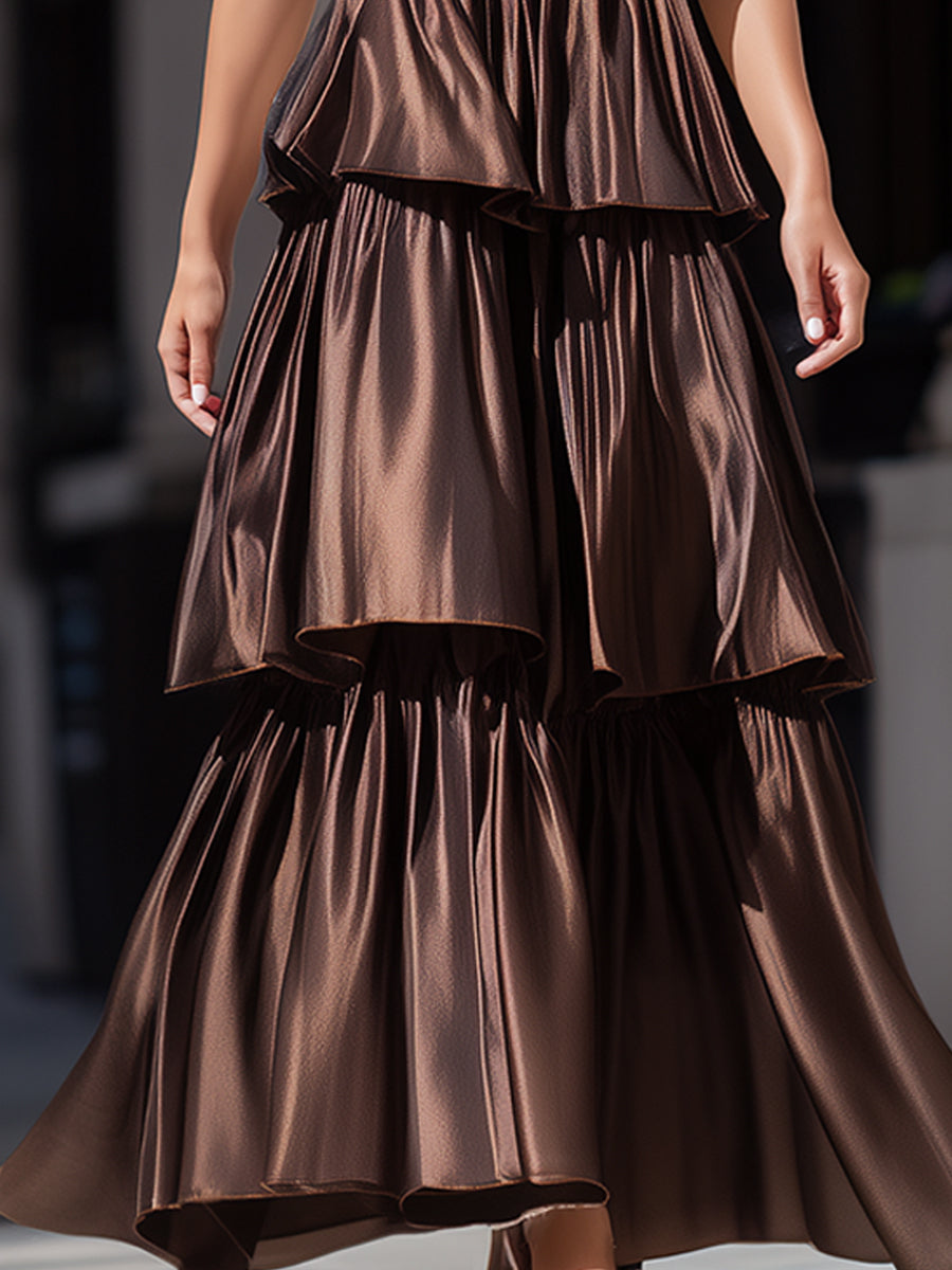 Tiered Halter Neck Ruffle Maxi Dress