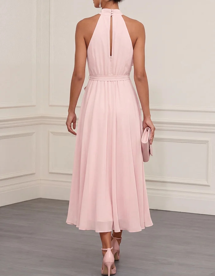 Blush Pink 3D Floral Halter Neck Chiffon Midi Dress