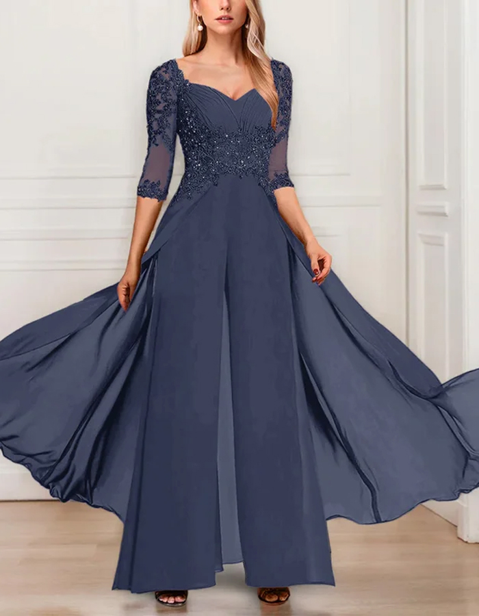 Solid Color Chiffon V-Neck Half Sleeve Mother of the Bride Jumpsuit