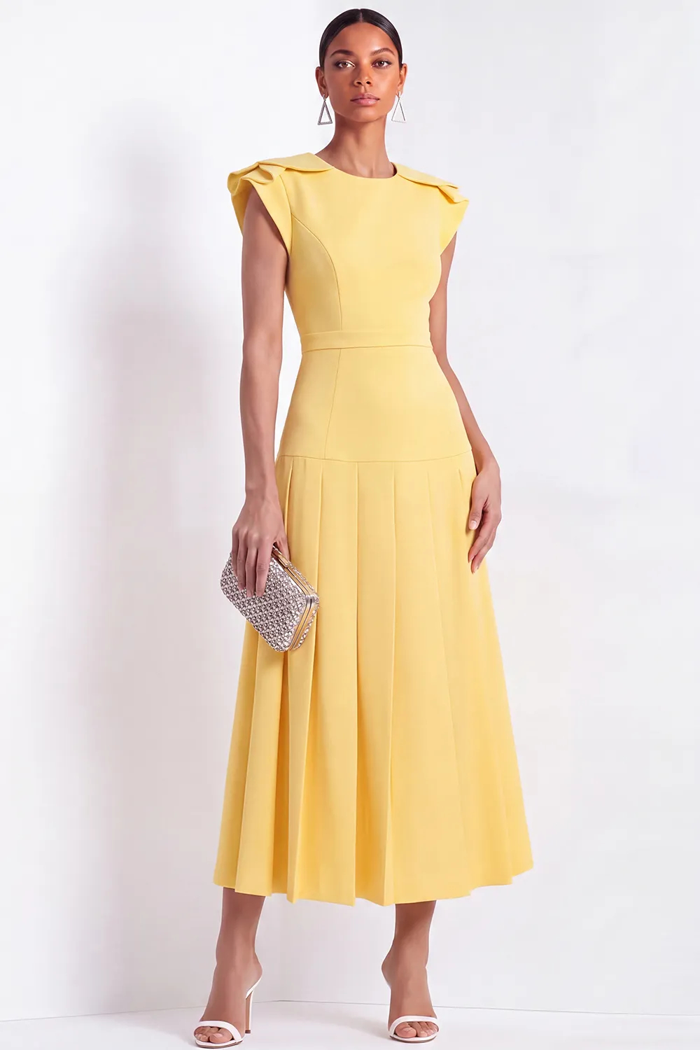 Yellow A-Line Round Neck Pleated Midi Dress