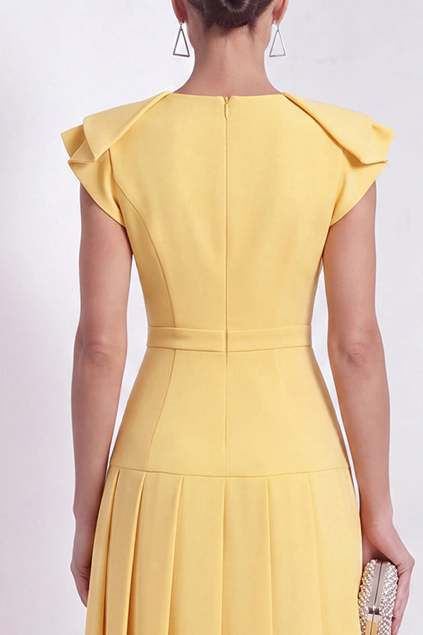 Yellow A-Line Round Neck Pleated Midi Dress