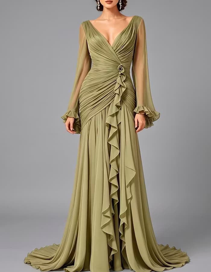 Olive Green V-Neck Sheer Long Sleeve Ruffled Chiffon Dress