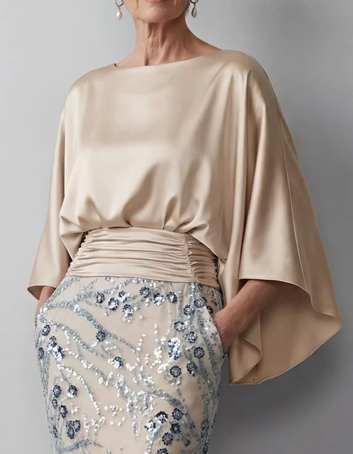 Champagne Cape Sleeve Ruched Sequin Mermaid Dress