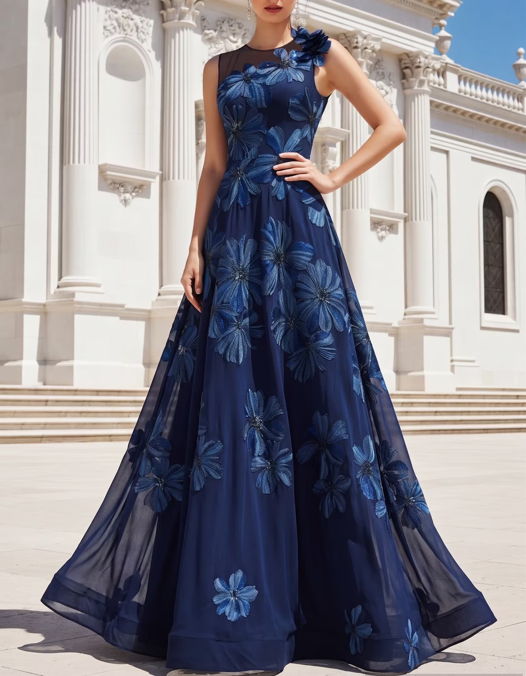 Navy Chiffon Printed Scoop-Neck Maxi Dress