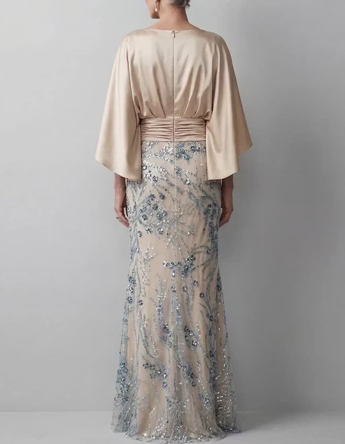 Champagne Cape Sleeve Ruched Sequin Mermaid Dress