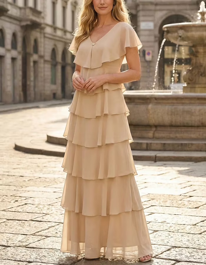 Tiered Cake Ruffle Flutter Sleeve Chiffon Maxi Dress
