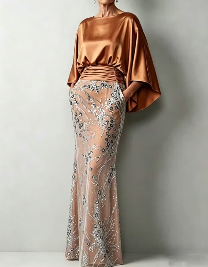Champagne Cape Sleeve Ruched Sequin Mermaid Dress
