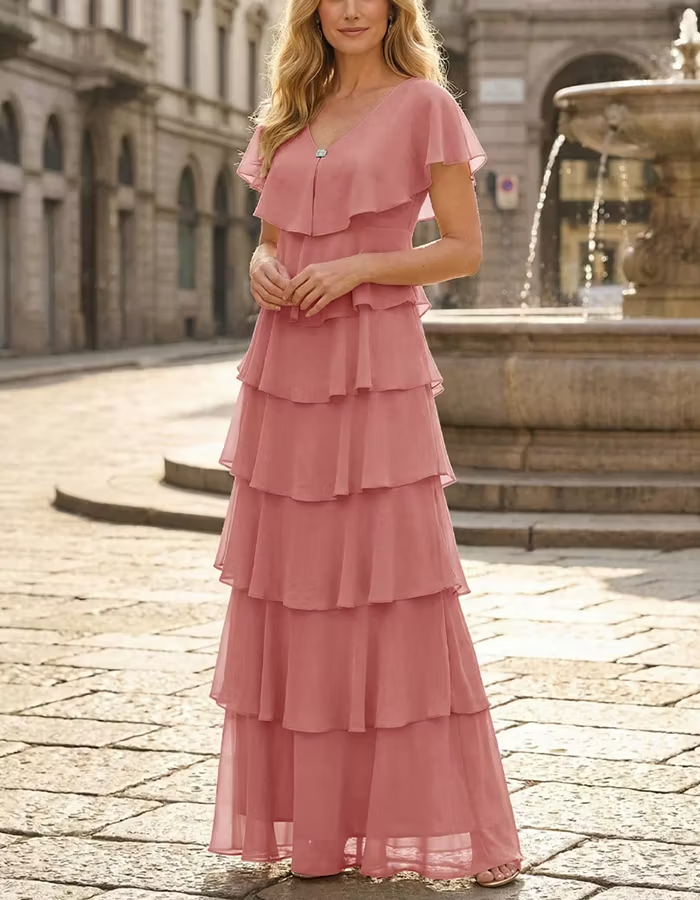 Tiered Cake Ruffle Flutter Sleeve Chiffon Maxi Dress