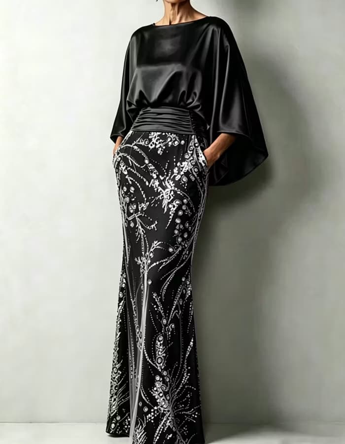 Champagne Cape Sleeve Ruched Sequin Mermaid Dress