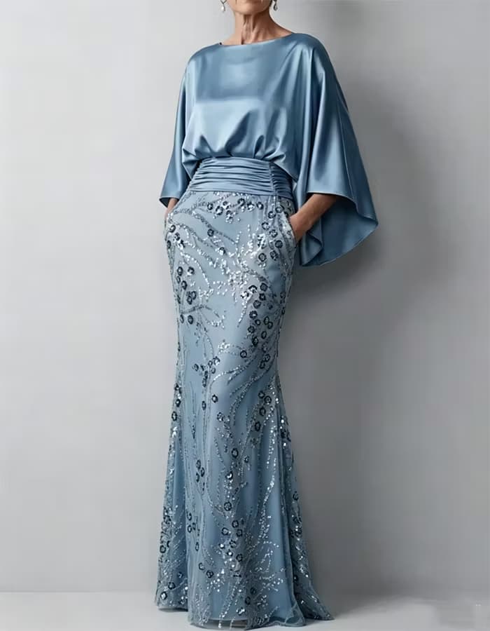 Champagne Cape Sleeve Ruched Sequin Mermaid Dress