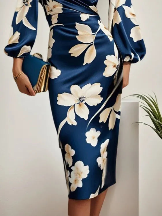 Blue Floral V Neck Balloon Sleeve Midi Sheath Satin Dress