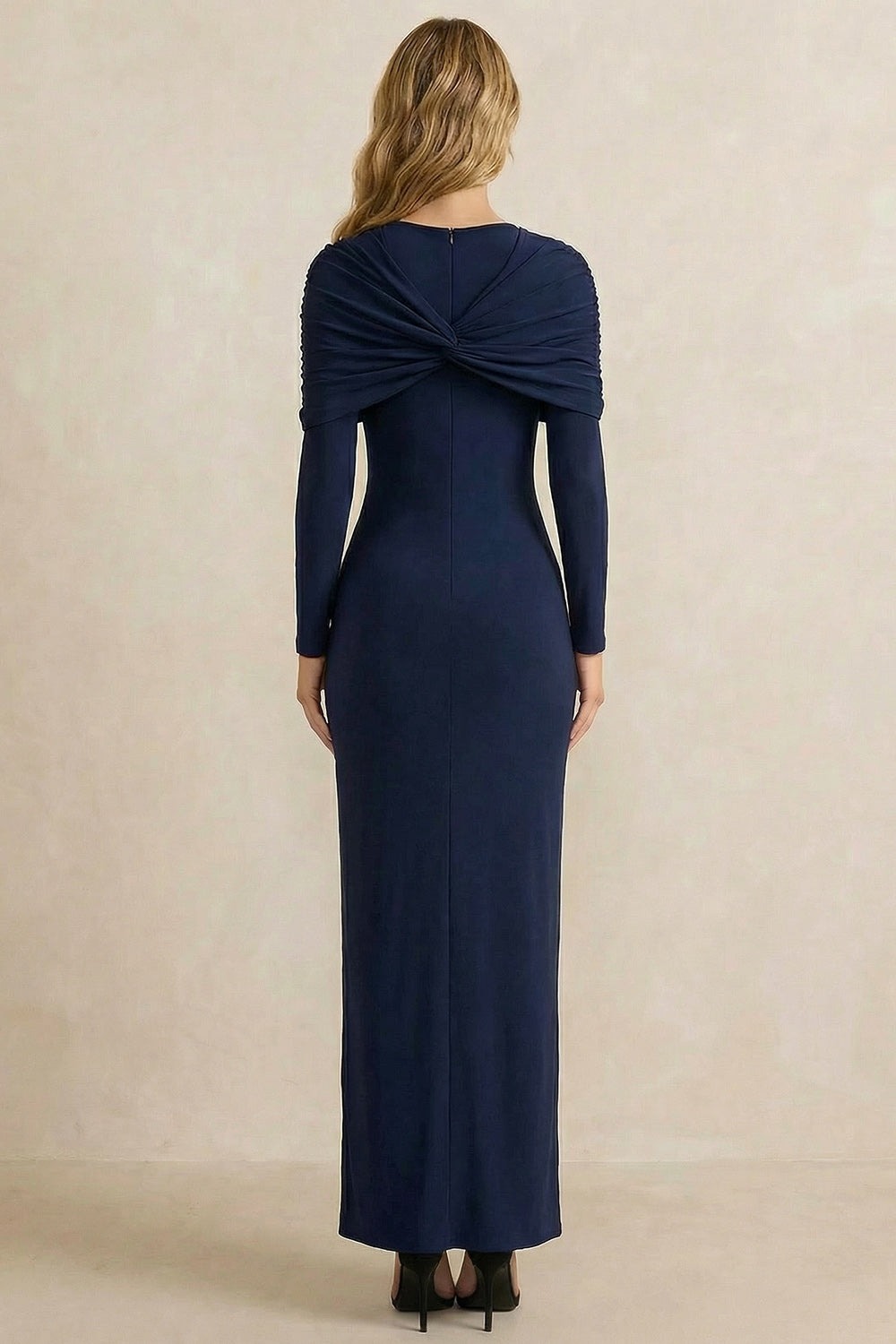 Navy Sheath Ruched Crew Neck Long Sleeves Work Dress with Slit