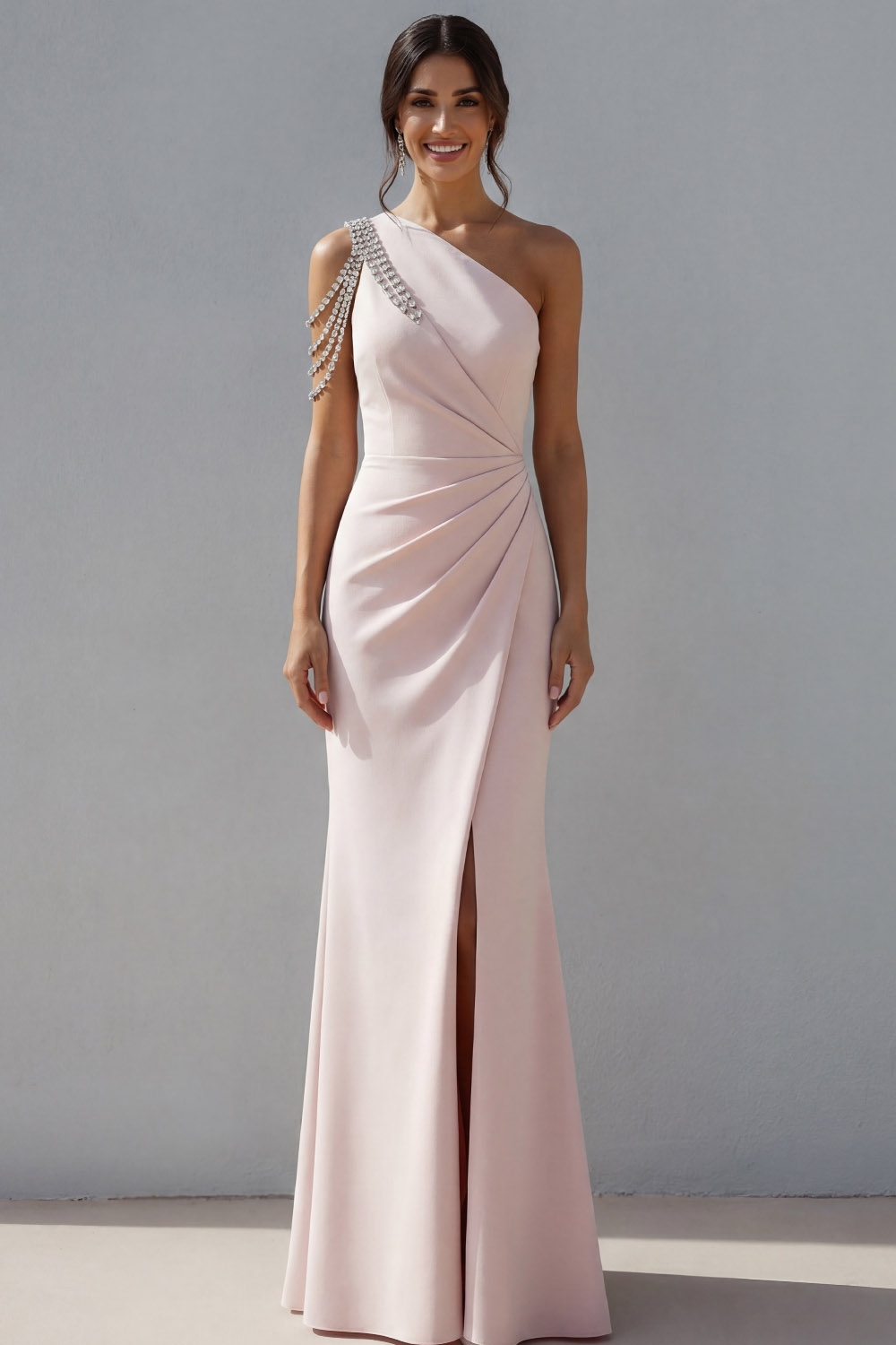 Rose Pink Formal Evening Dress One Shoulder Maxi Dress with Slit
