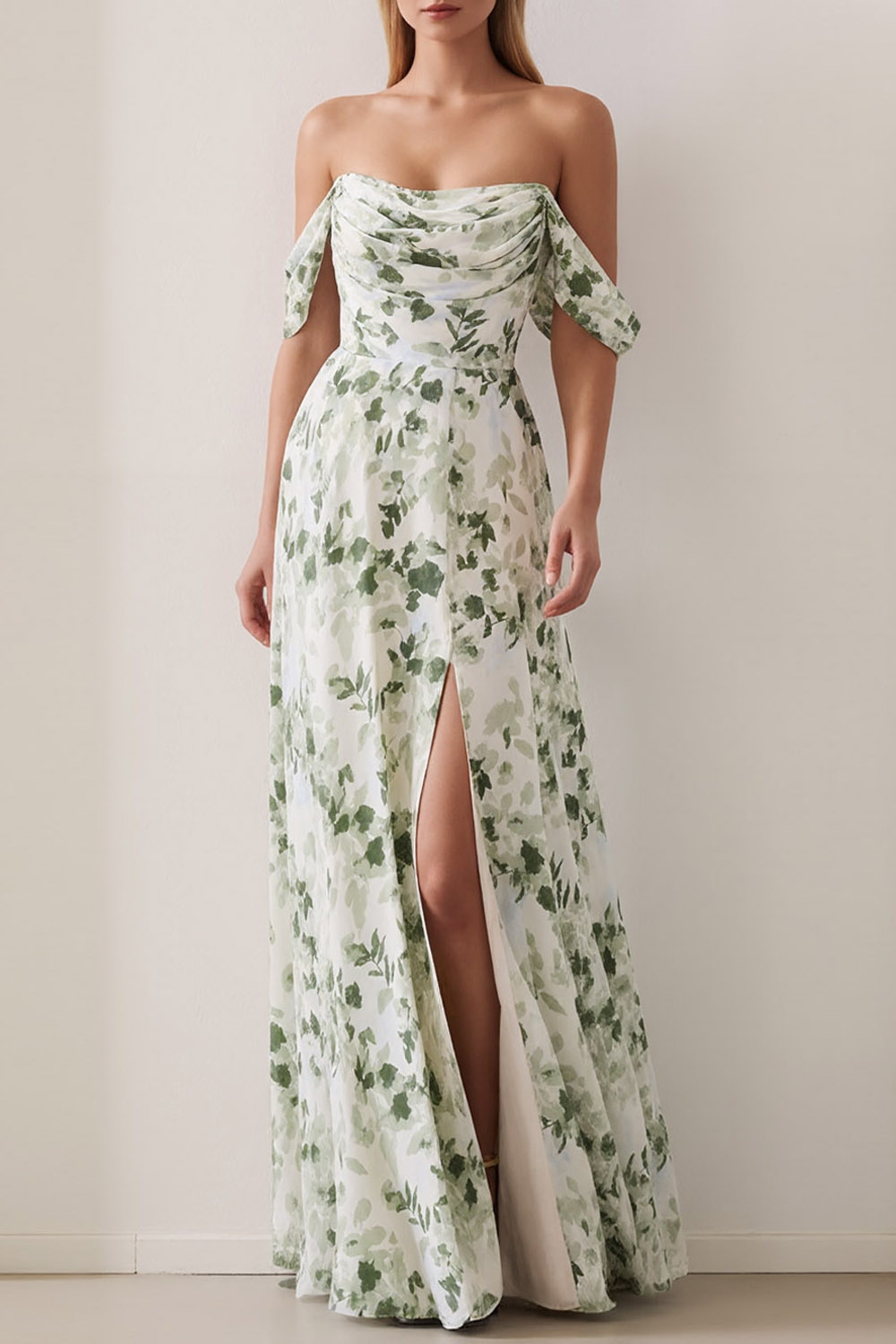 Green Floral Wedding Guest Dress Off the Shoulder Maxi Dress with Slit