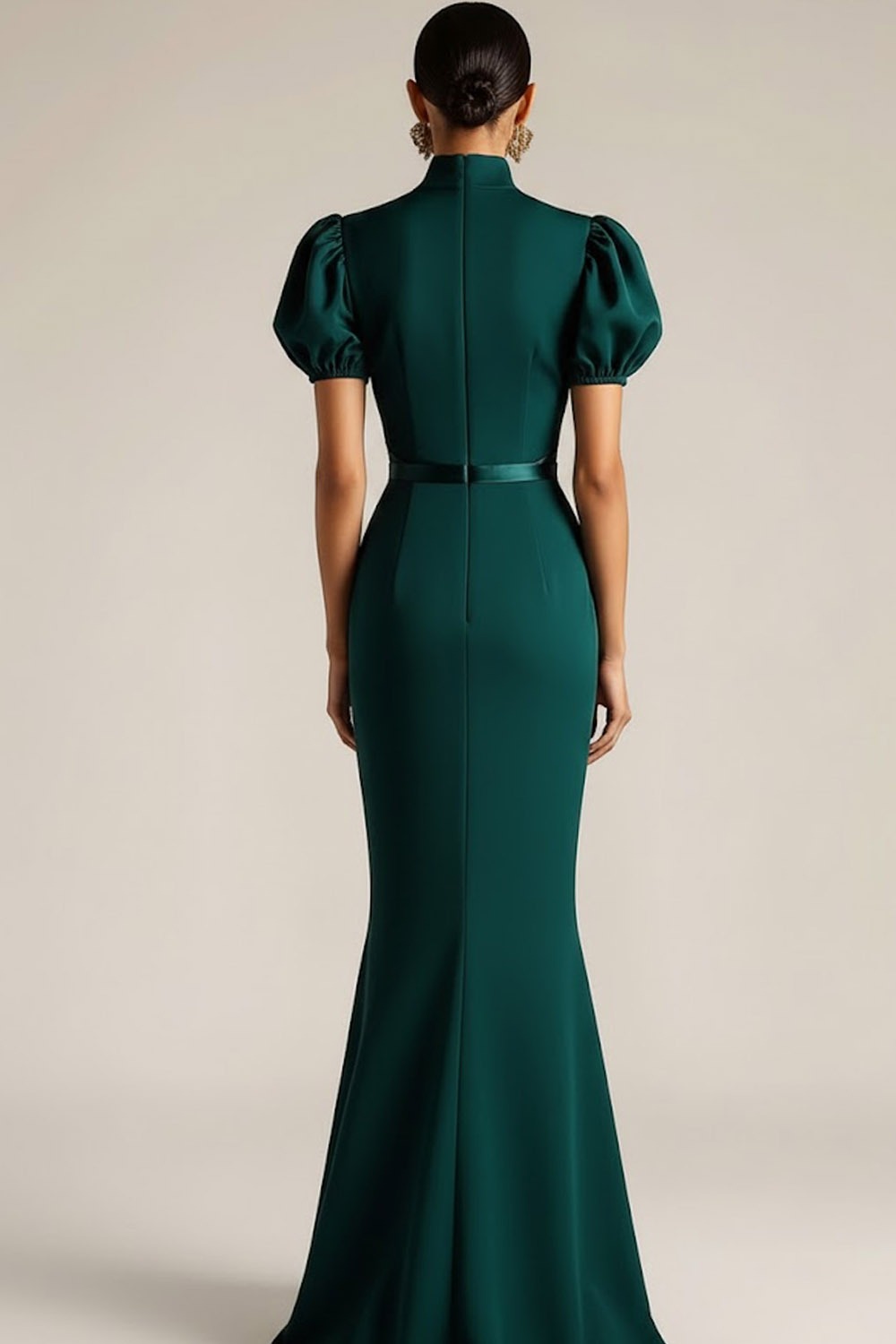 Emerald Green Formal Dress Mermaid High Neck Puff Sleeve Maxi Dress