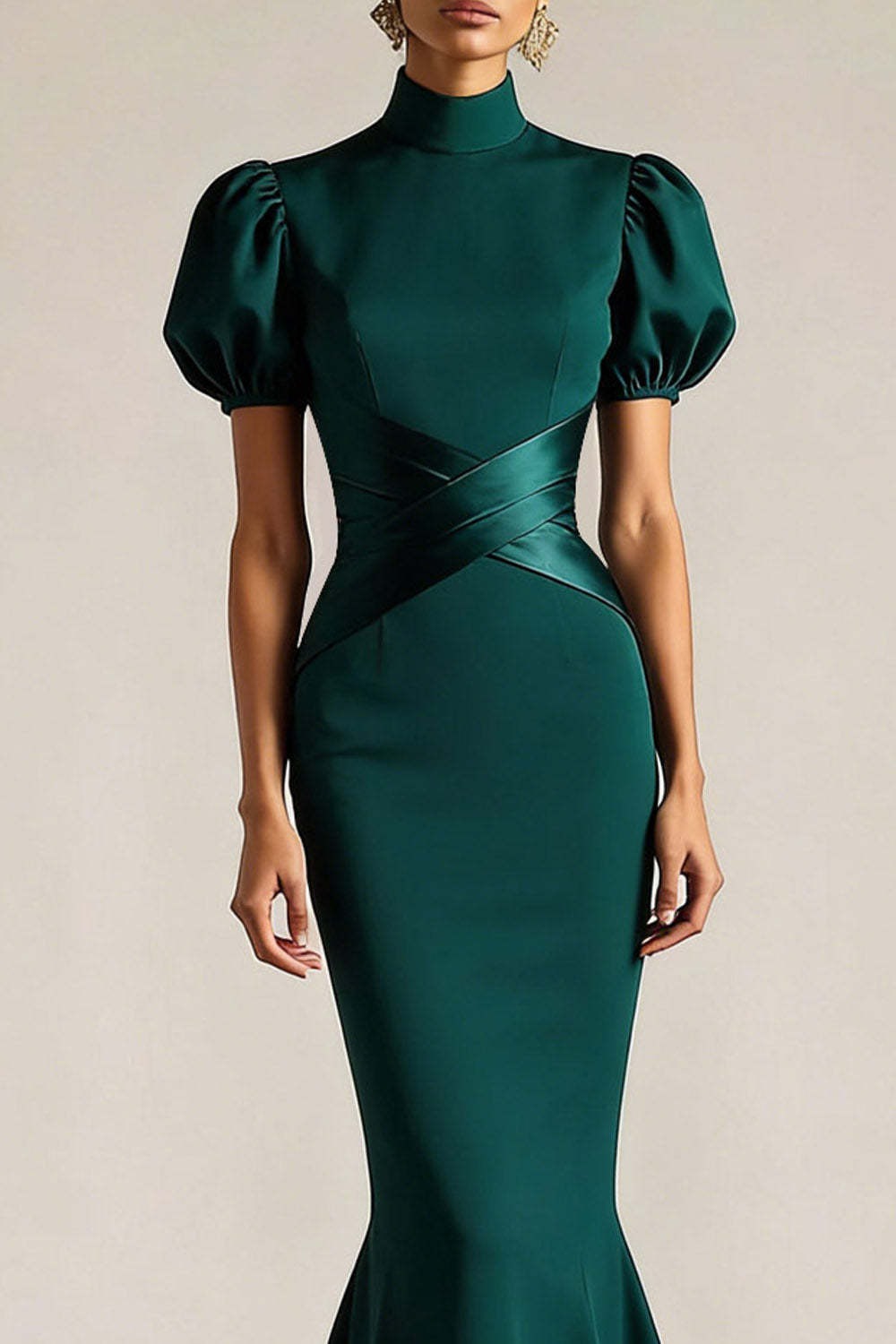 Emerald Green Formal Dress Mermaid High Neck Puff Sleeve Maxi Dress