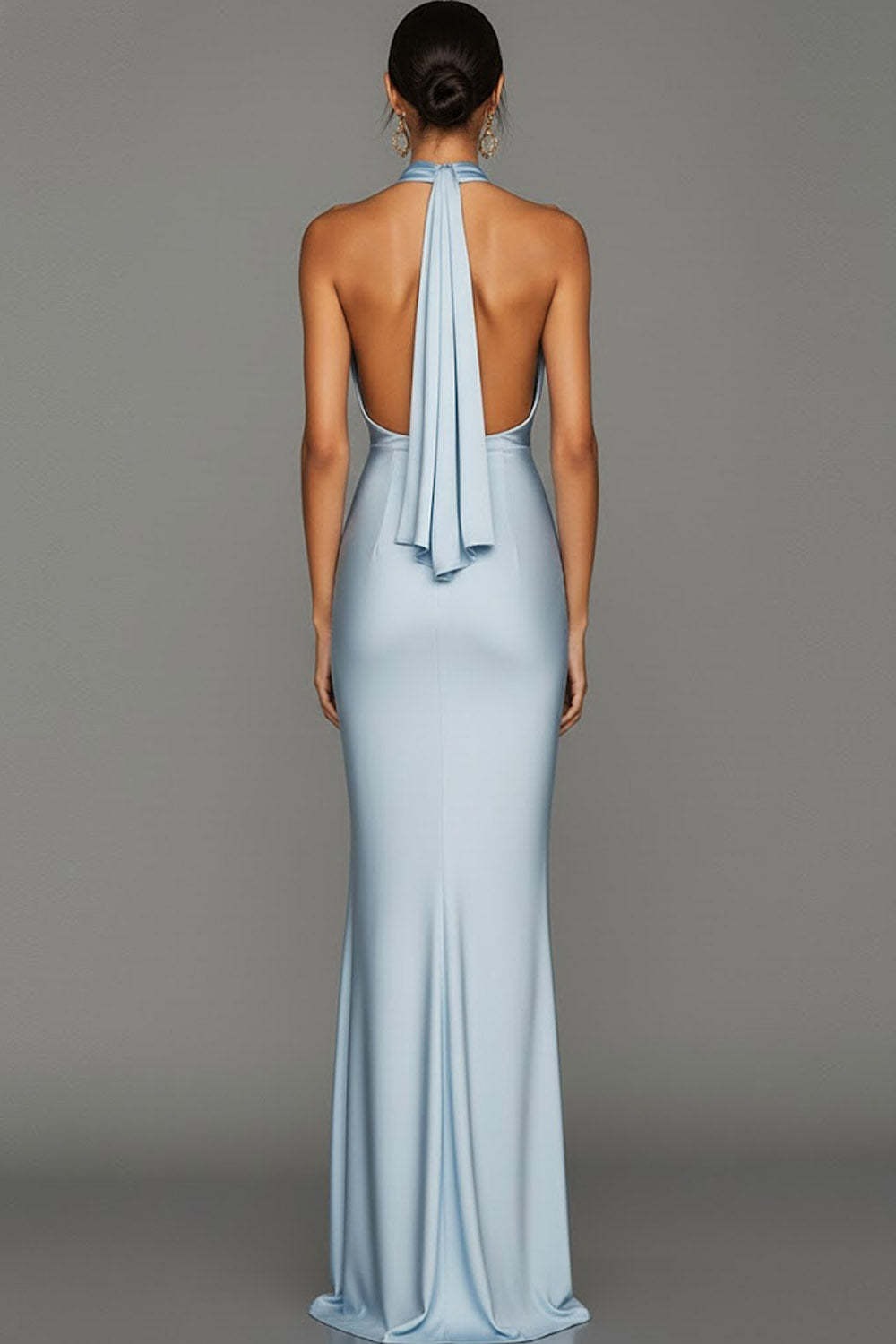 Black Cowl Neck Mermaid Satin Long Backless Formal Dress with Slit