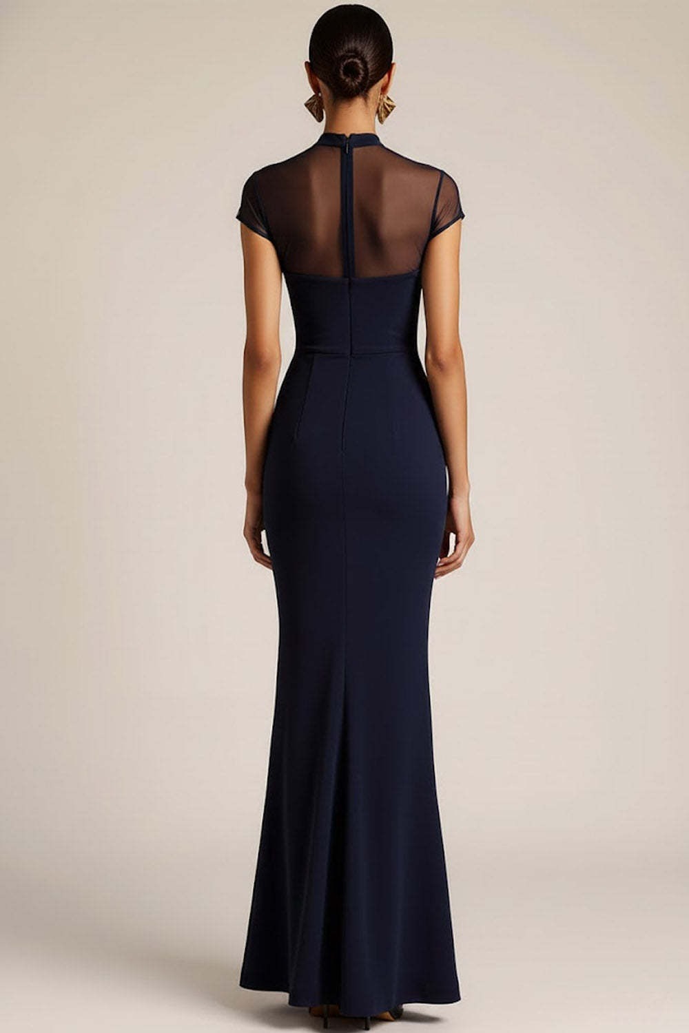 Navy Mermaid High Neck Maxi Formal Dress with Sleeves