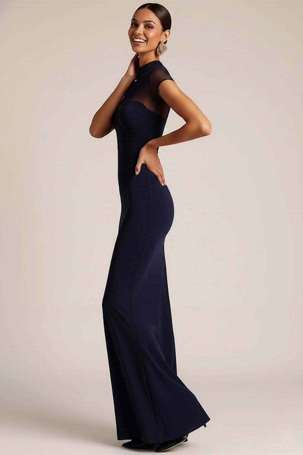 Navy Mermaid High Neck Maxi Formal Dress with Sleeves