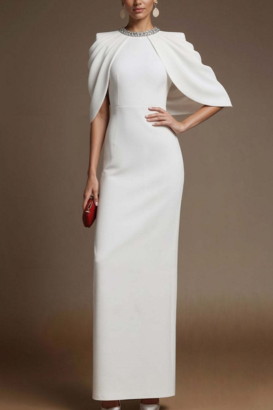 Simple White Sheath Crew Neck Maxi Formal Dress with Slit