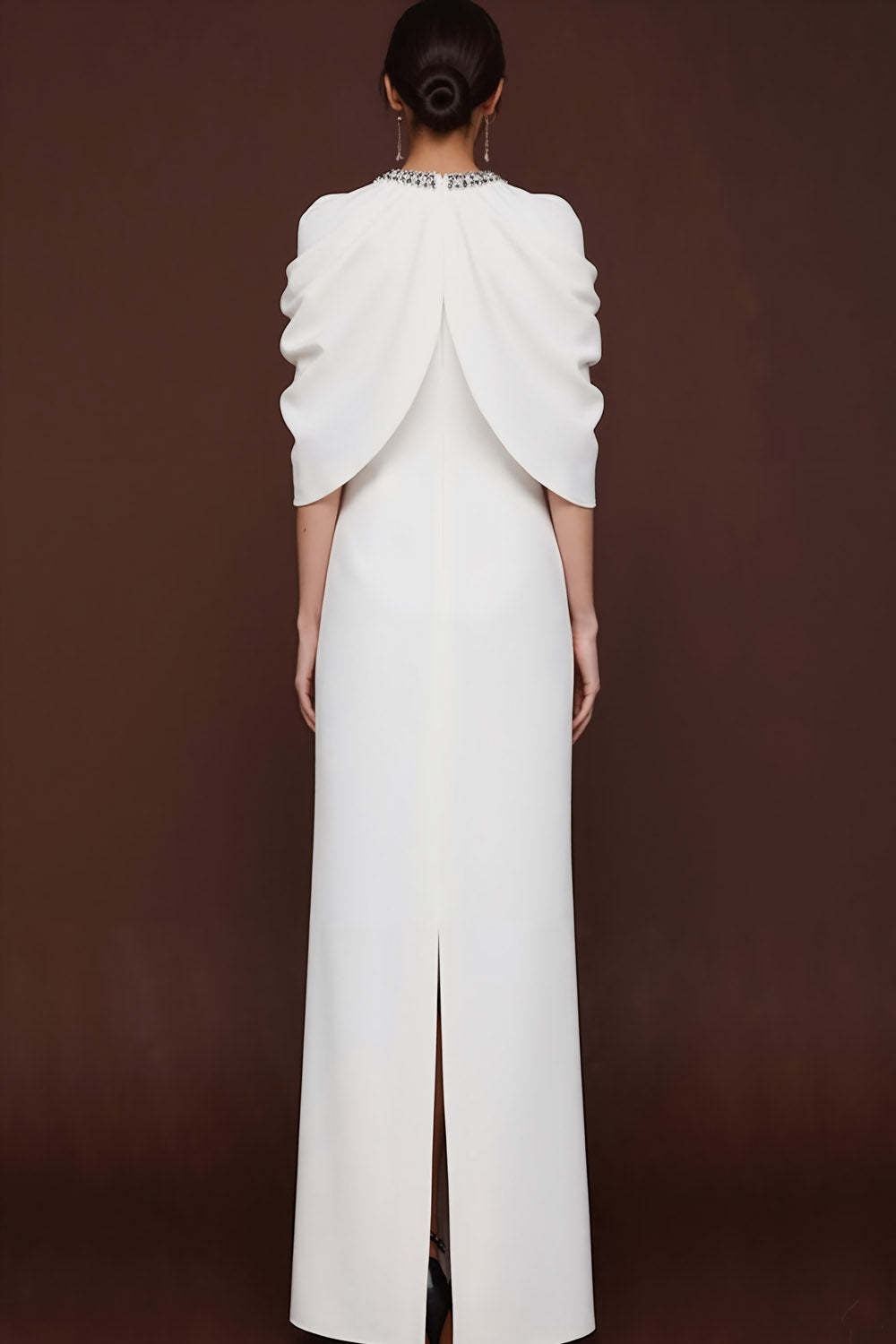 Simple White Sheath Crew Neck Maxi Formal Dress with Slit