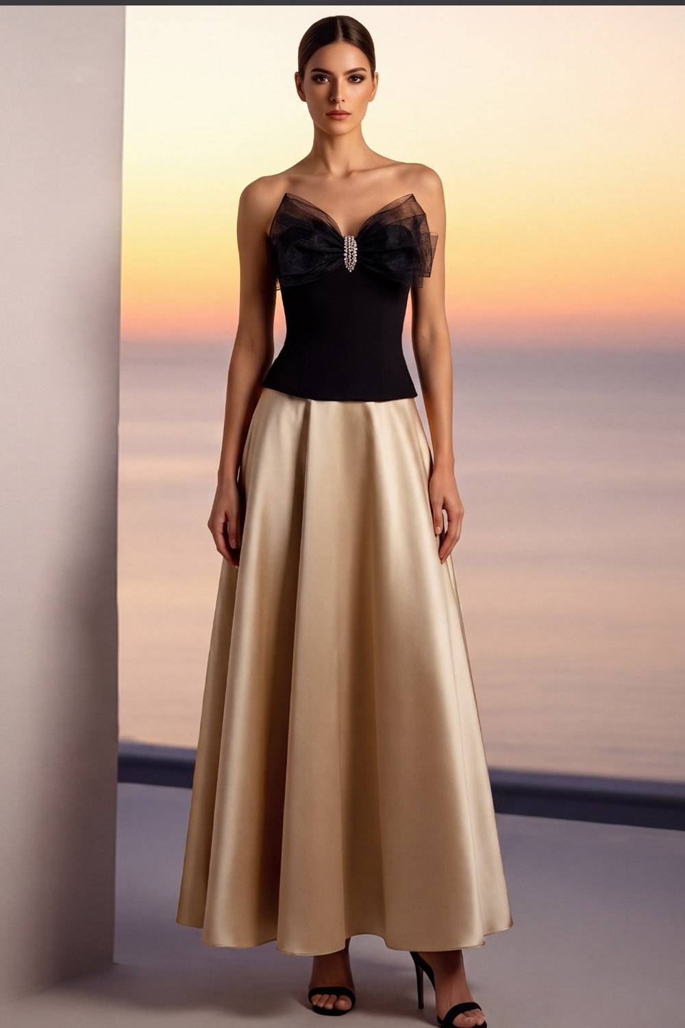 Champagne Formal Evening Dress Strapless A-Line Satin Maxi Dress with Bow