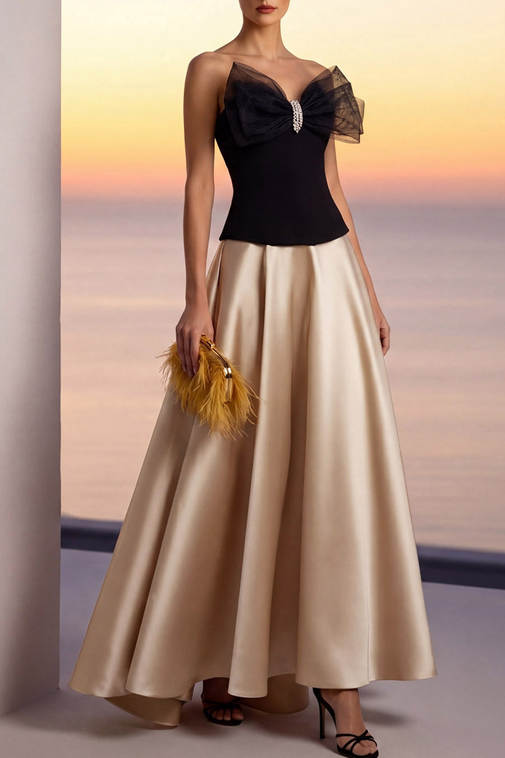Champagne Formal Evening Dress Strapless A-Line Satin Maxi Dress with Bow