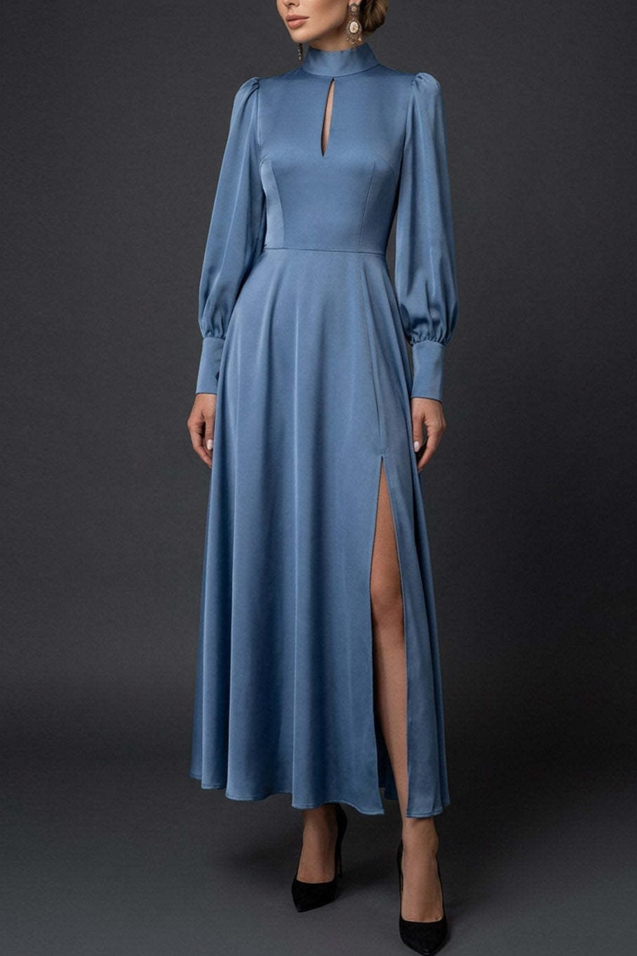 Dusty Blue High Neck Keyhole A Line Long Mother of the Bride Dress with Sleeves