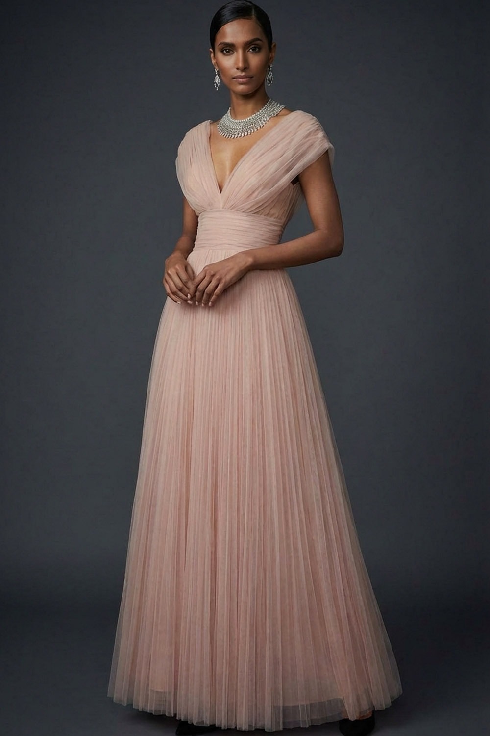Vintage Rose Formal Dress A-Line V-Neck Pleated Tulle Maxi Dress