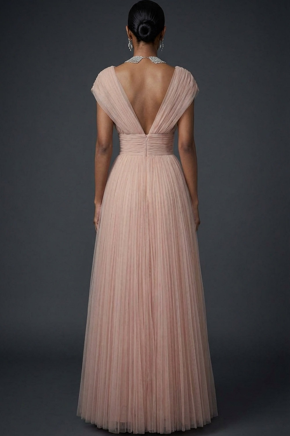Vintage Rose Formal Dress A-Line V-Neck Pleated Tulle Maxi Dress