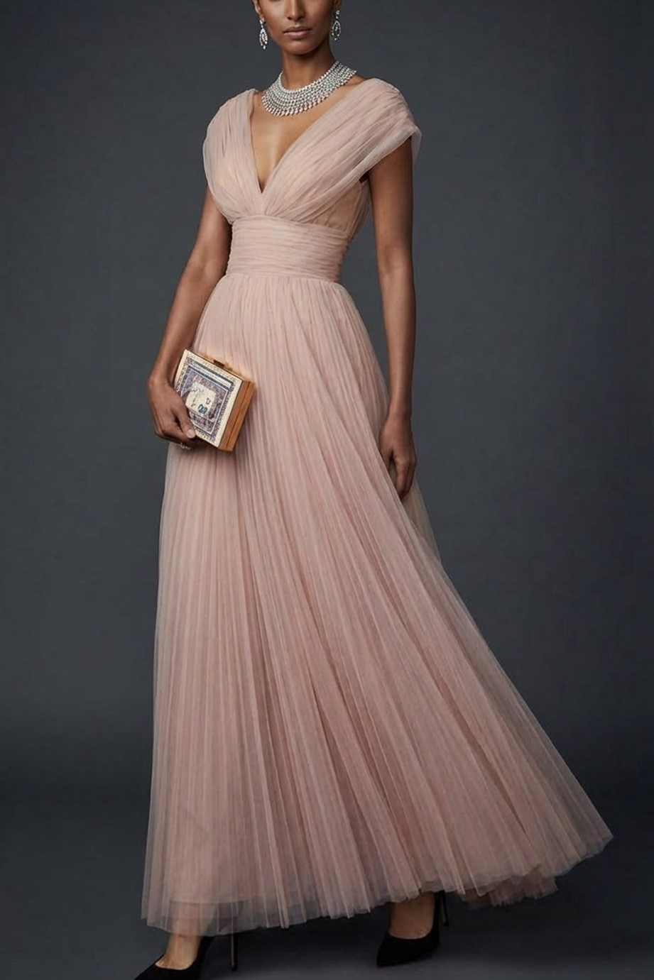 Vintage Rose Formal Dress A-Line V-Neck Pleated Tulle Maxi Dress