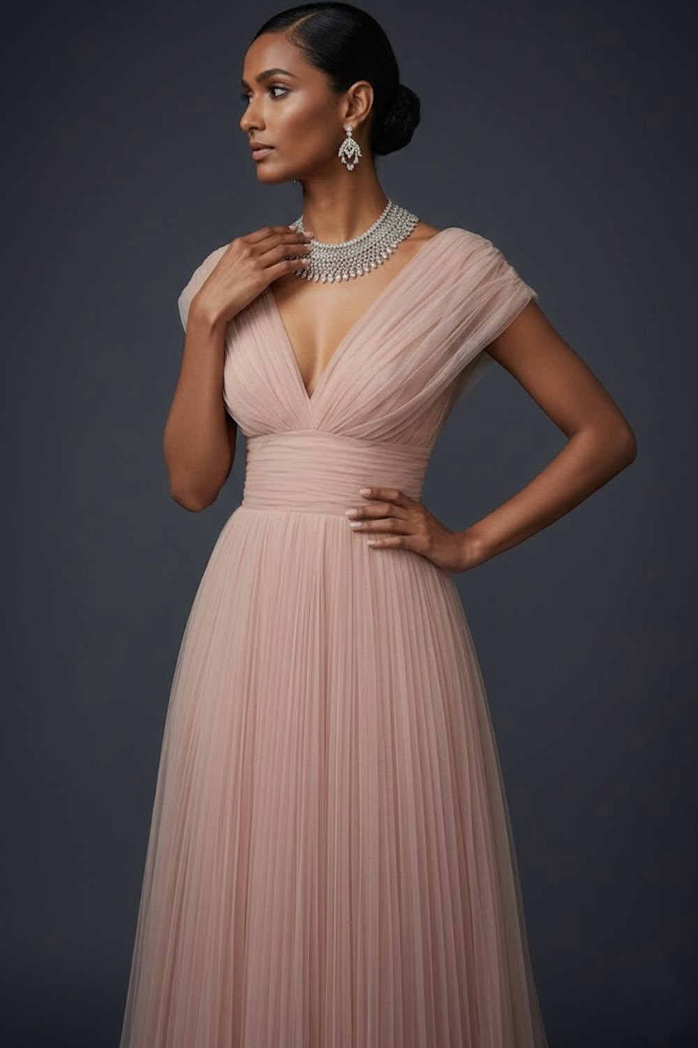 Vintage Rose Formal Dress A-Line V-Neck Pleated Tulle Maxi Dress