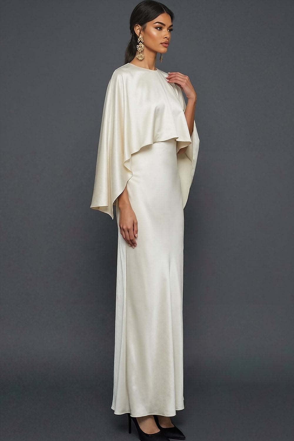 White Mermaid Satin Long White Wedding Reception Dress with Cape