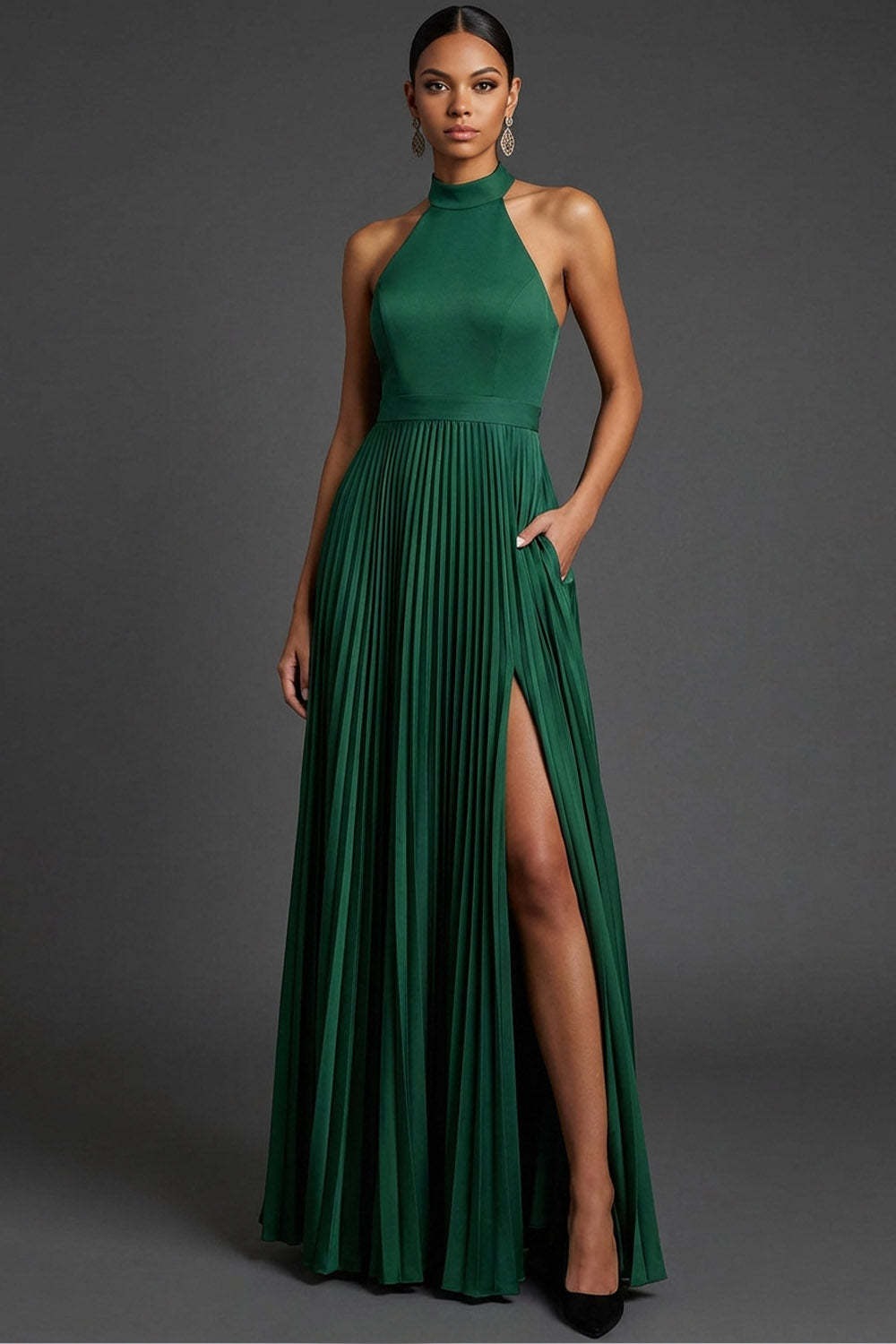 Dark Green Halter Neck Pleated A Line Maxi Formal Dress with Slit