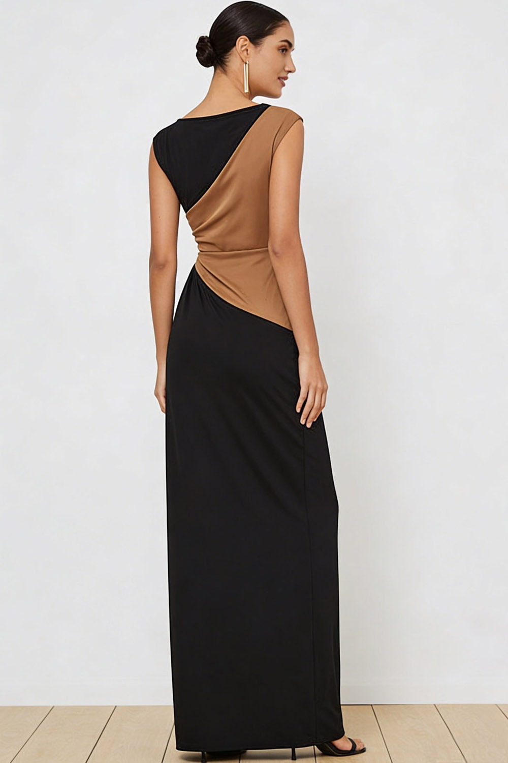 Black Evening Formal Dress Sheath Crew Neck Ruched Maxi Dress