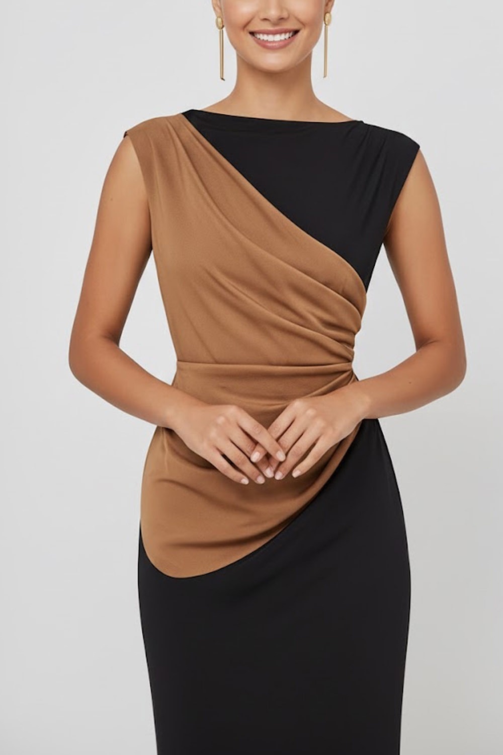Black Evening Formal Dress Sheath Crew Neck Ruched Maxi Dress