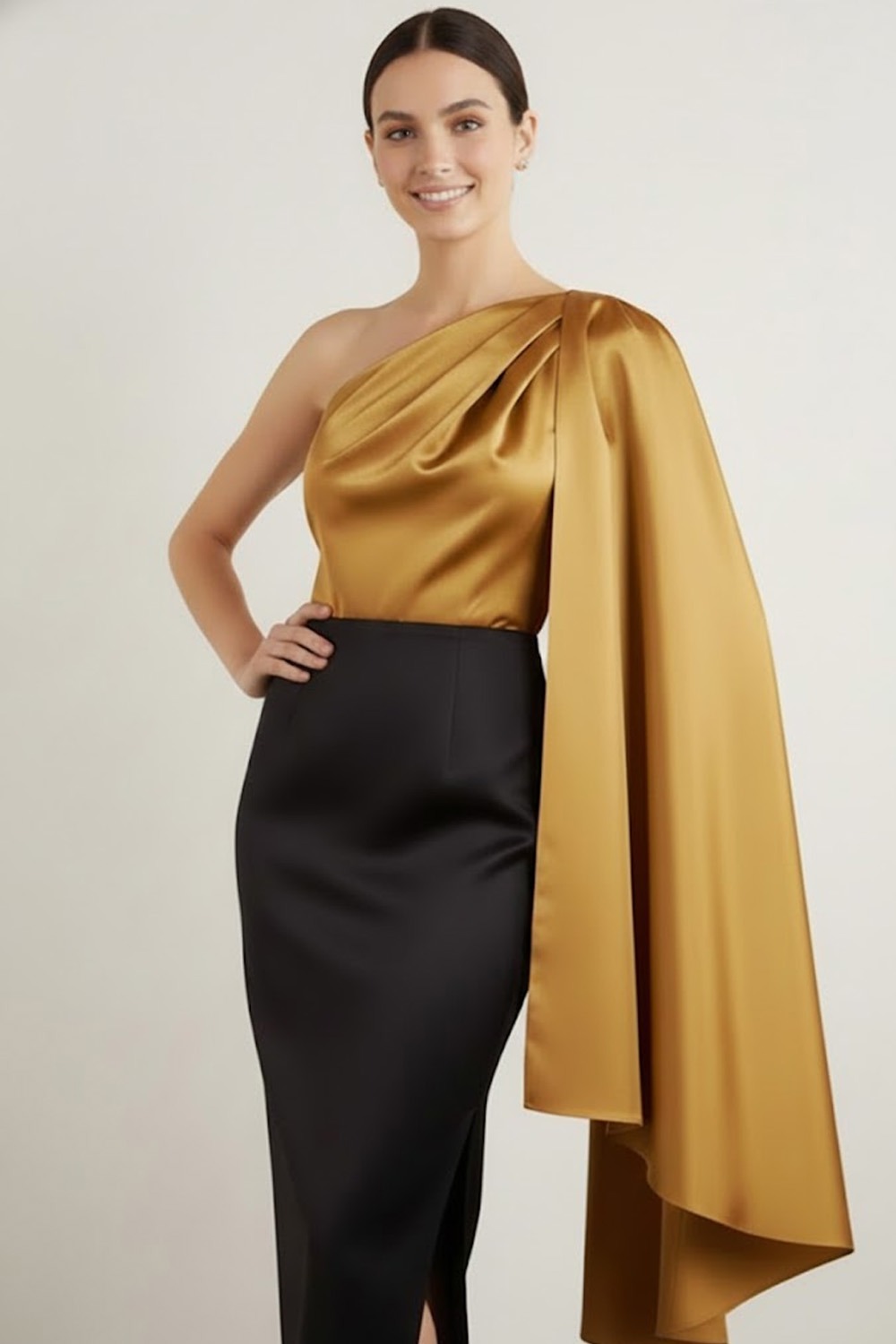 Gold Formal Dress One Shoulder Satin Midi Dress with Cape