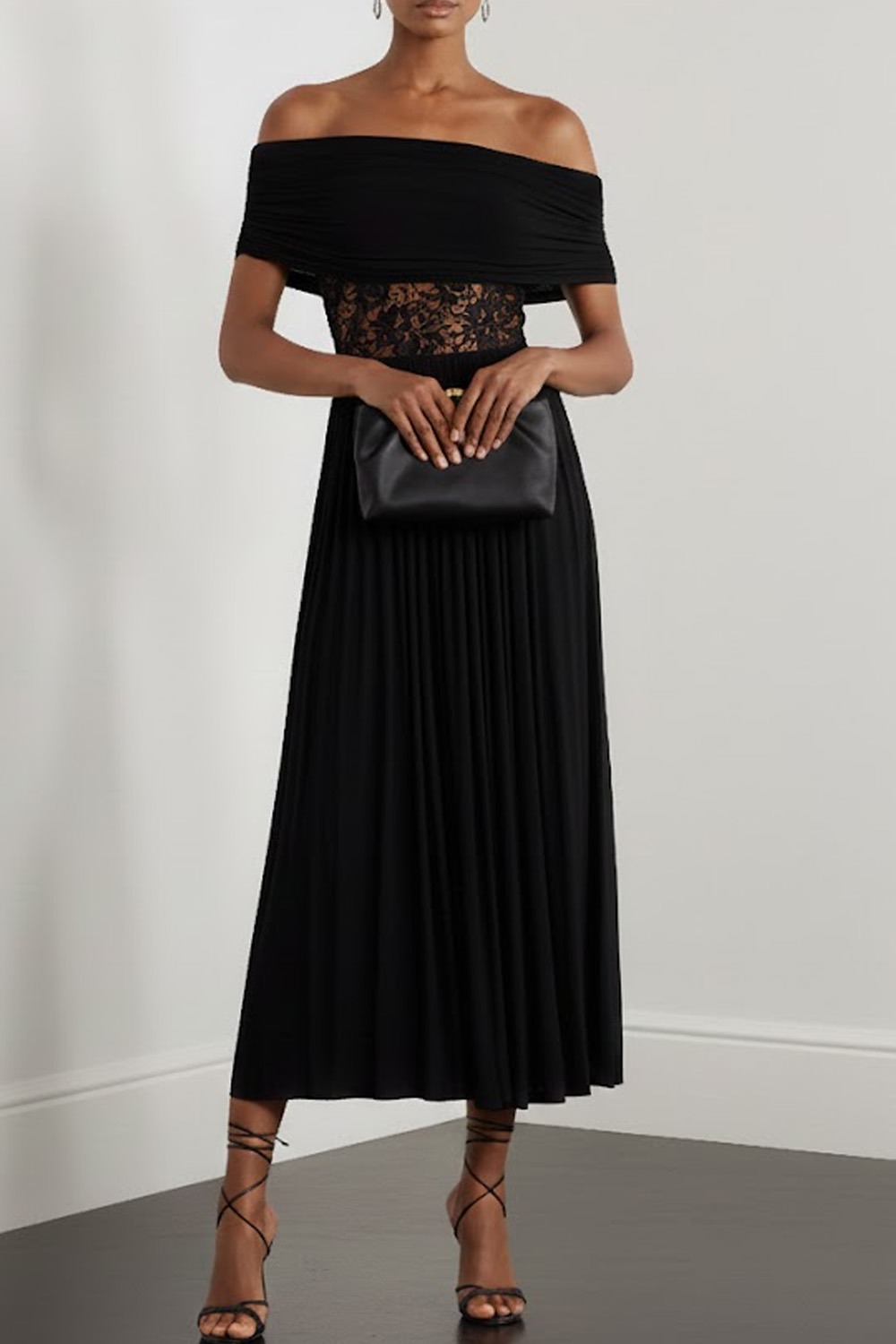Black Formal Dress A-Line Off the Shoulder Pleated Chiffon Midi Dress