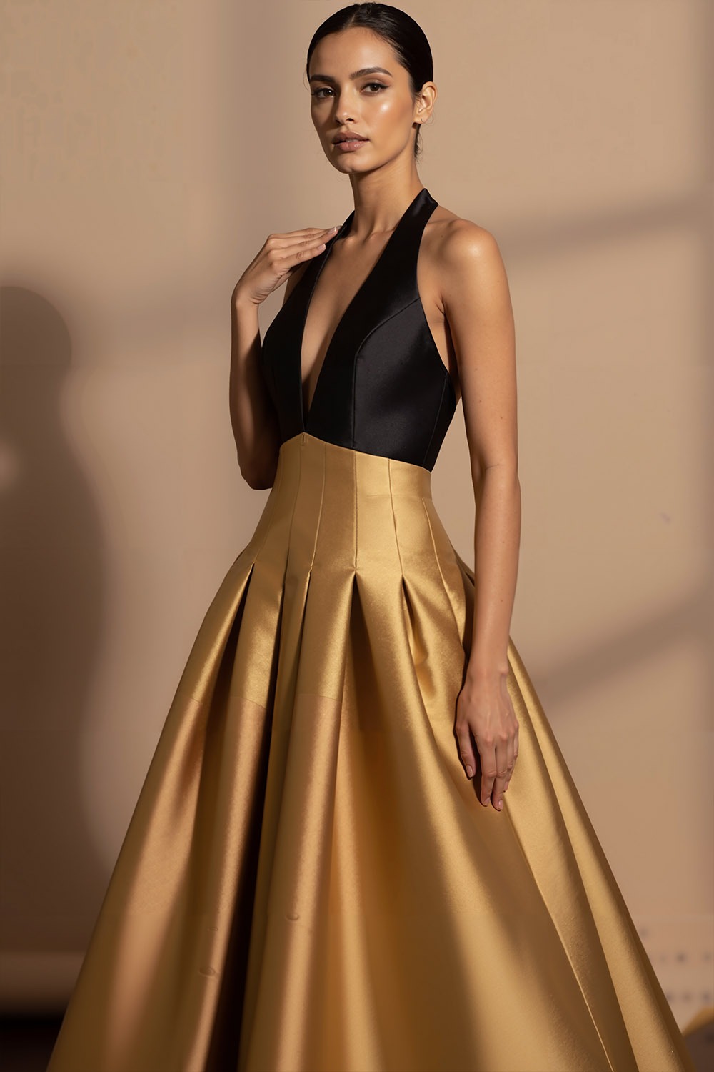 Gold Formal Evening Dress A-Line Halter Metallic Satin Maxi Dress