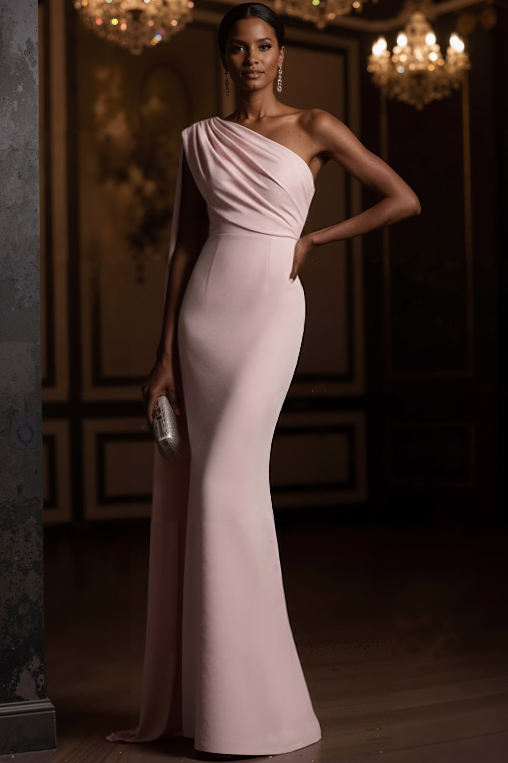 Pink Evening Formal Dress One Shoulder Maxi Dress with Cape