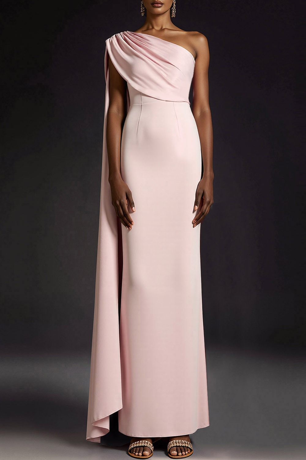 Pink Evening Formal Dress One Shoulder Maxi Dress with Cape