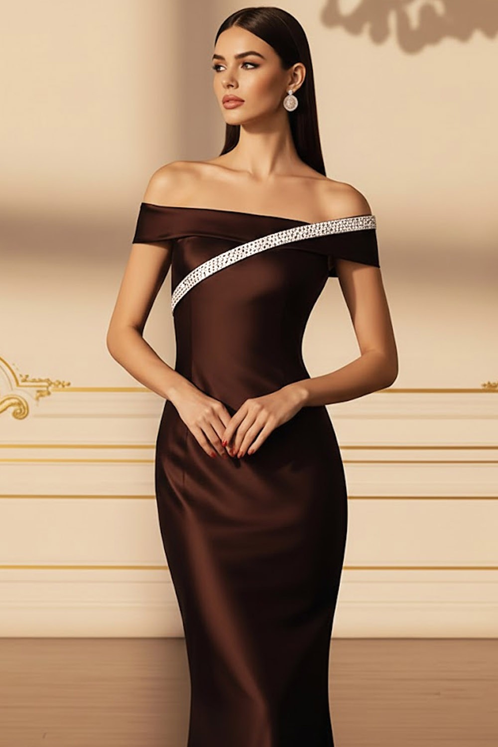 Brown Evening Formal Dress Off the Shoulder Satin Beaded Maxi Dress